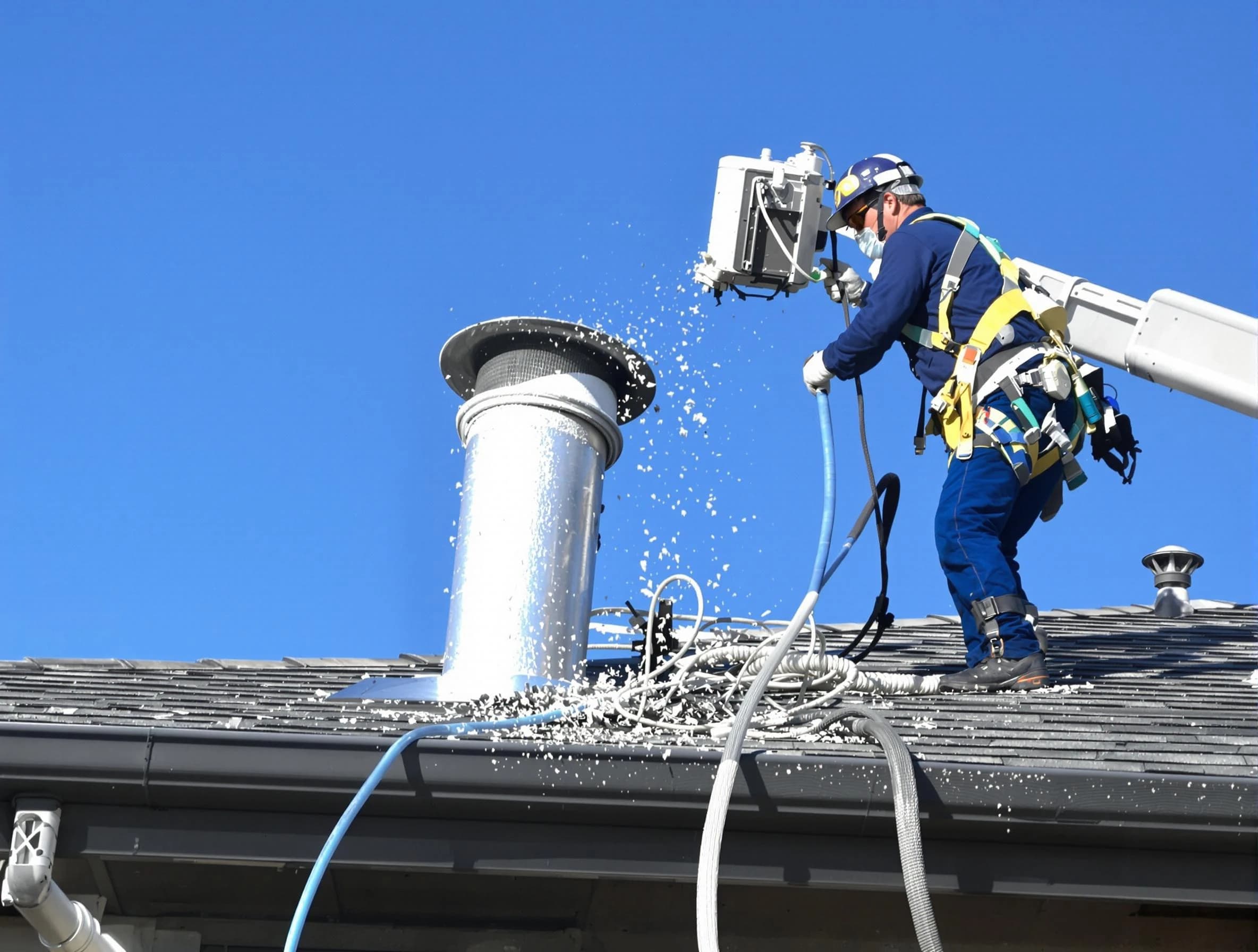 Chartiers Dryer Vent Cleaning certified technician safely cleaning a roof-mounted dryer vent in Chartiers