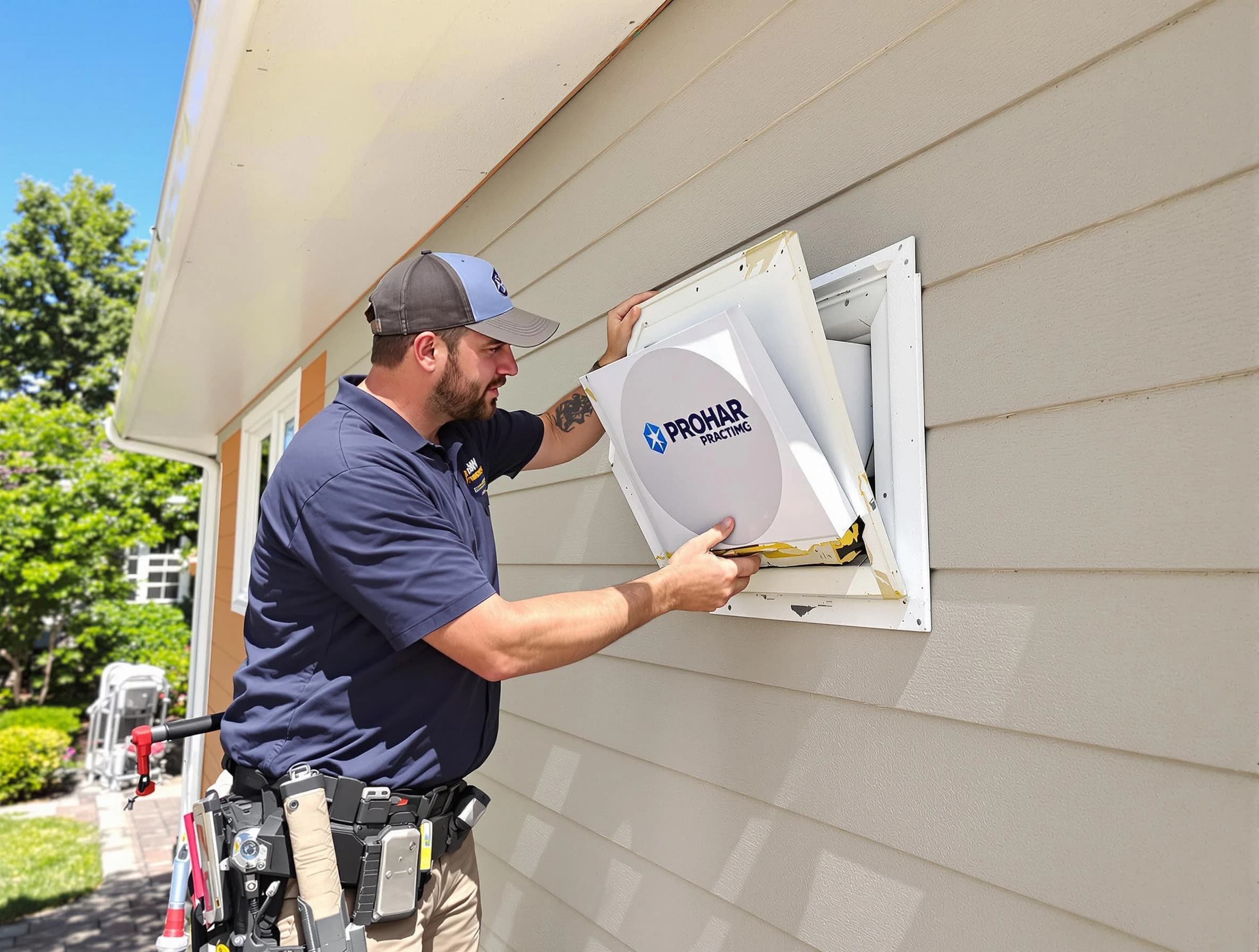 Chartiers Dryer Vent Cleaning technician installing a new protective dryer vent cover on a home in Chartiers