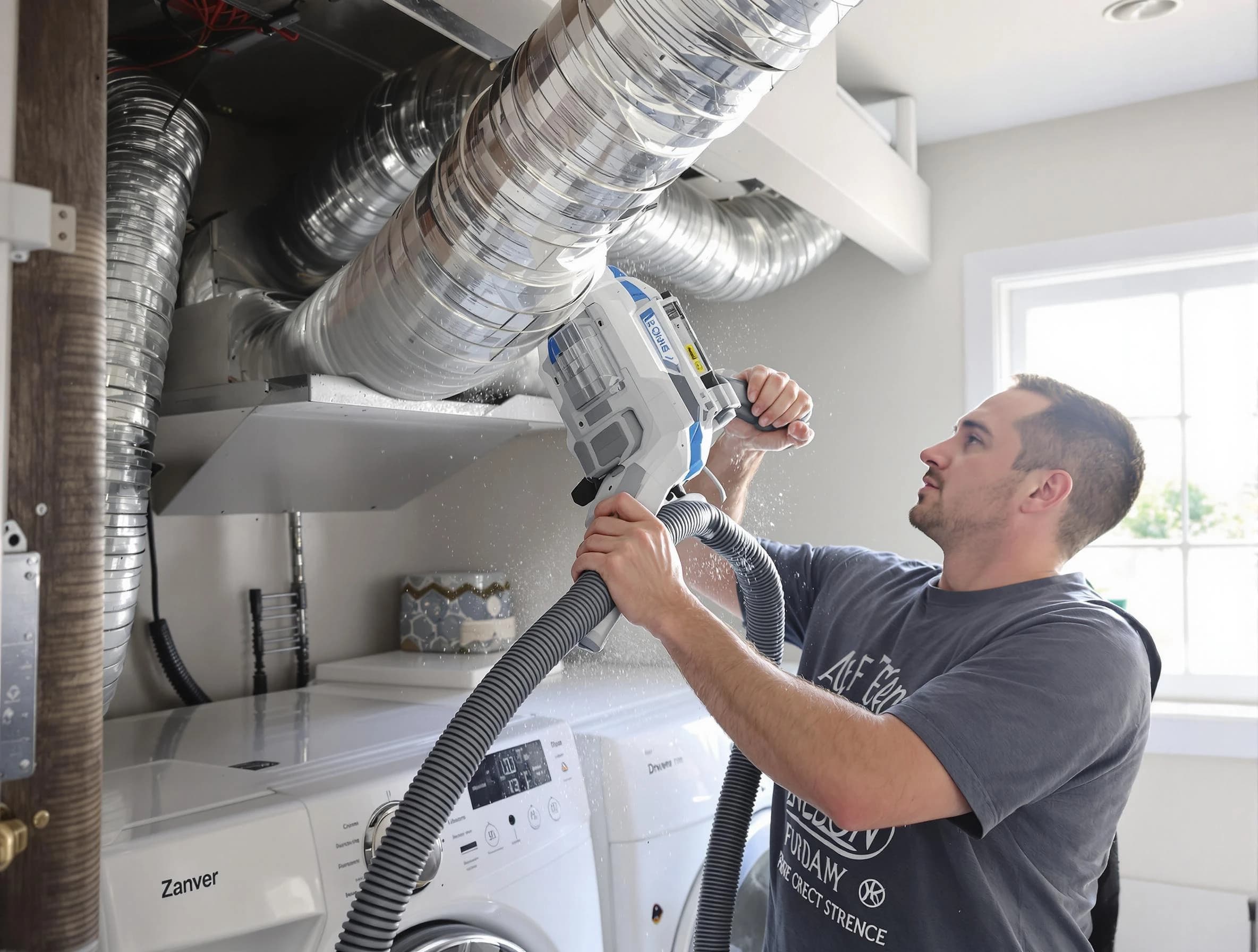 Chartiers Dryer Vent Cleaning specialist cleaning deep within a dryer vent duct system in Chartiers